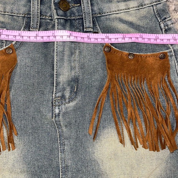 Denim Fringe Skirt with Brown Accents - Picture 4 of 8
